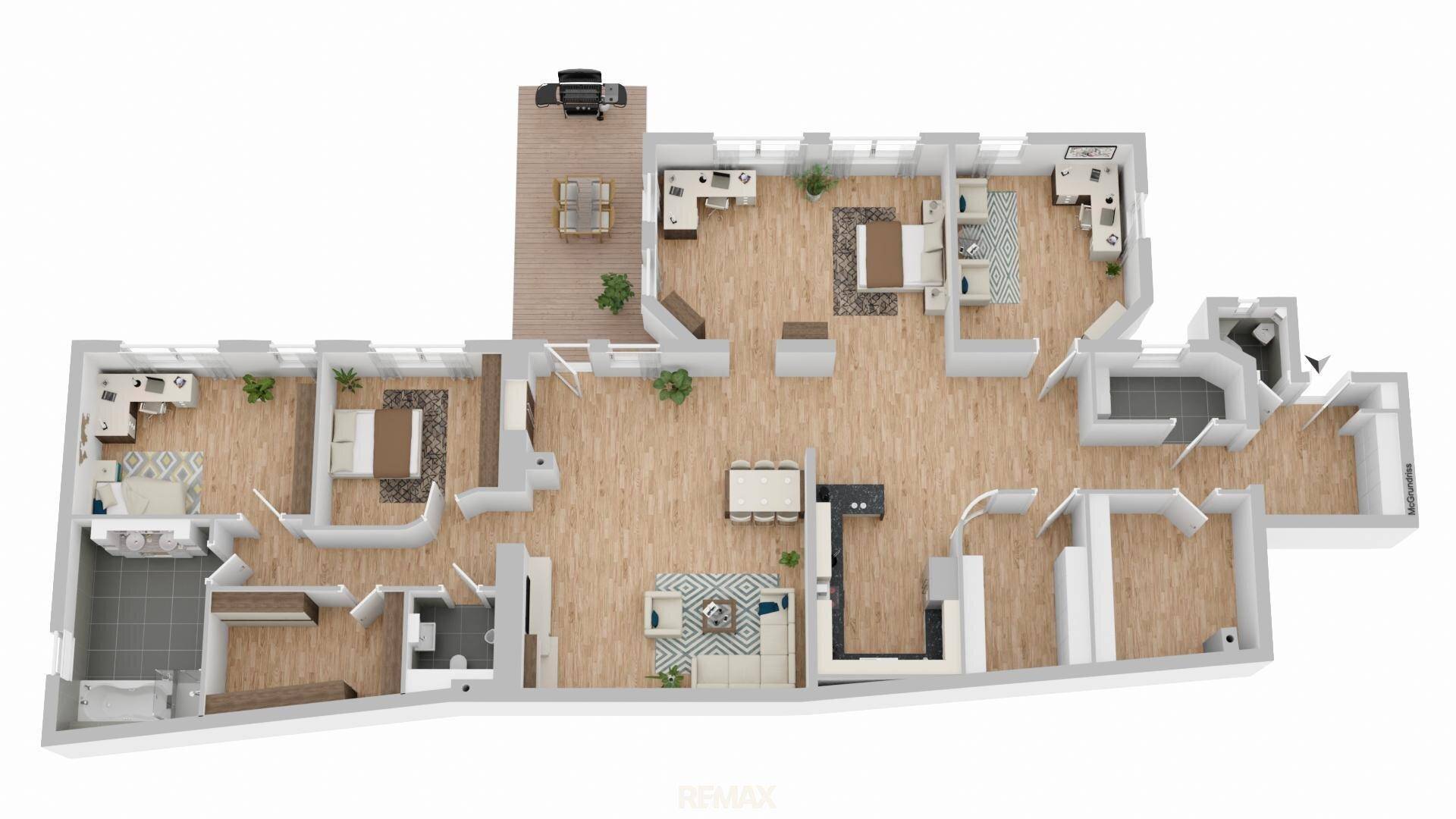 Detaillierter Grundriss der Wohnung mit mehreren Zimmern und Außenbereich.