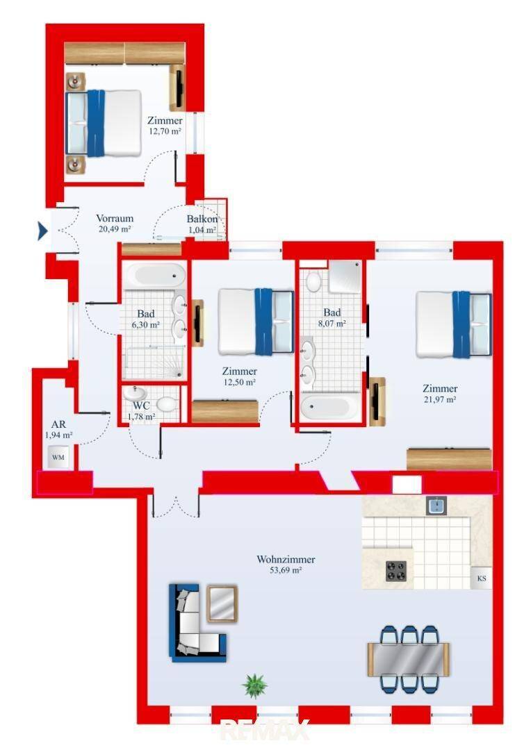 Detaillierter Grundriss einer Wohnung mit drei Zimmern, zwei Bädern und einem Balkon.