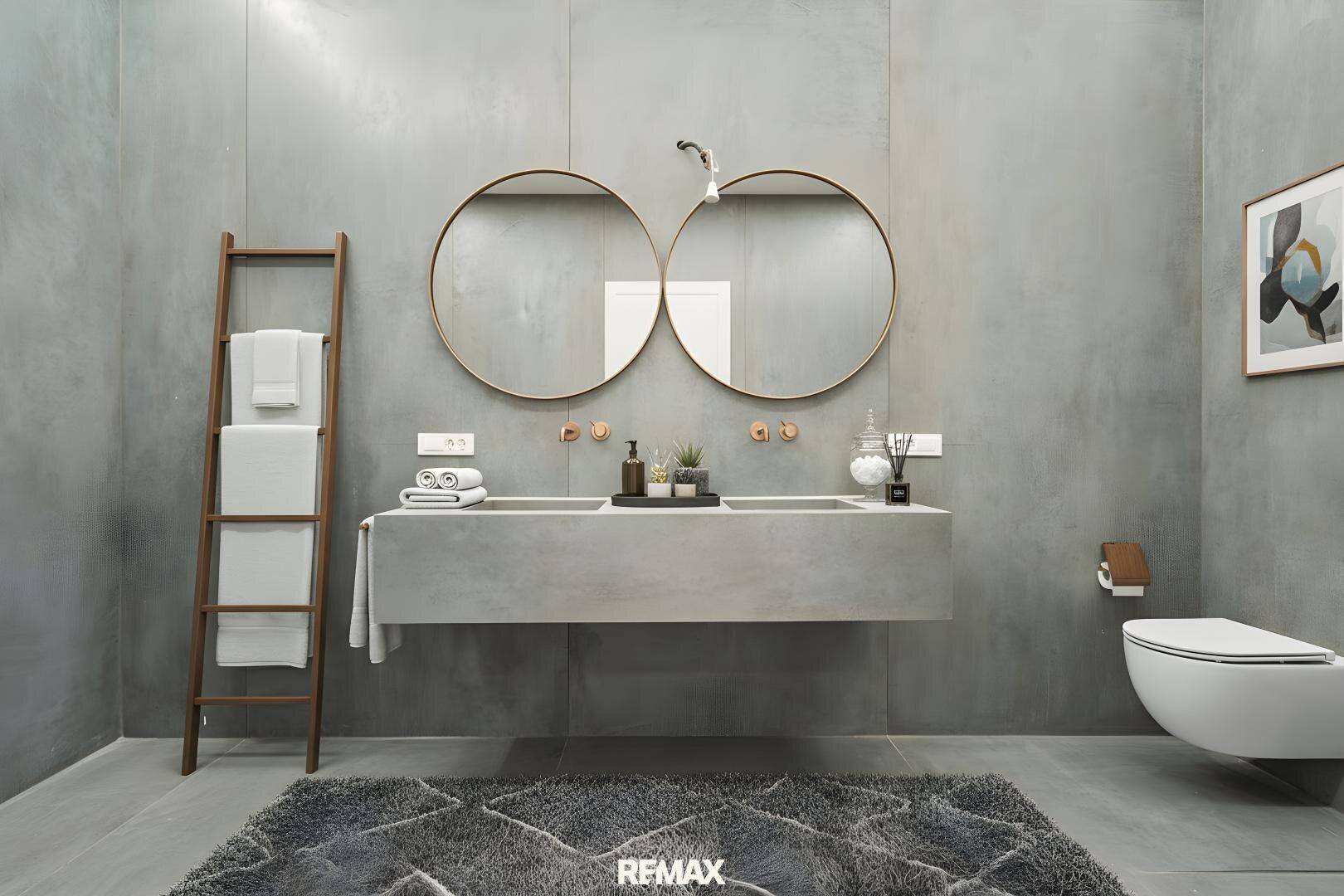 Zeitgemäßes Badezimmer mit Doppelwaschbecken, runden Spiegeln und grauen Betonoptik-Oberflächen.