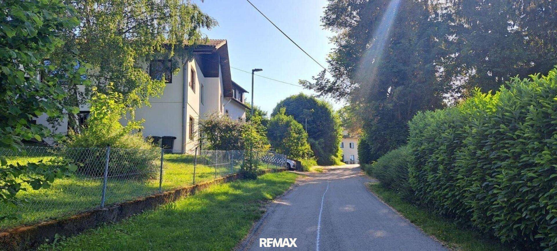 Schmale Straße mit Häusern auf der linken Seite und einer dichten Hecke auf der rechten Seite.