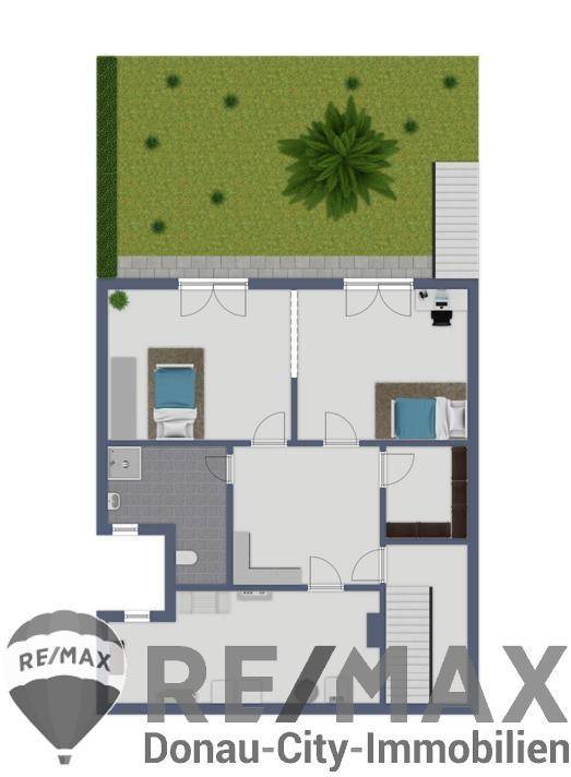 Grundriss des Dachgeschosses mit zwei Schlafzimmern und einem Badezimmer, ideal für Familien.