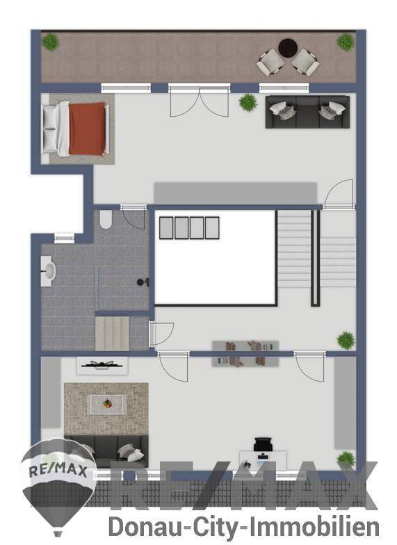 Grundriss des Obergeschosses mit Schlafzimmer, Bad und zusätzlichem Wohnbereich, bietet Komfort und Platz.