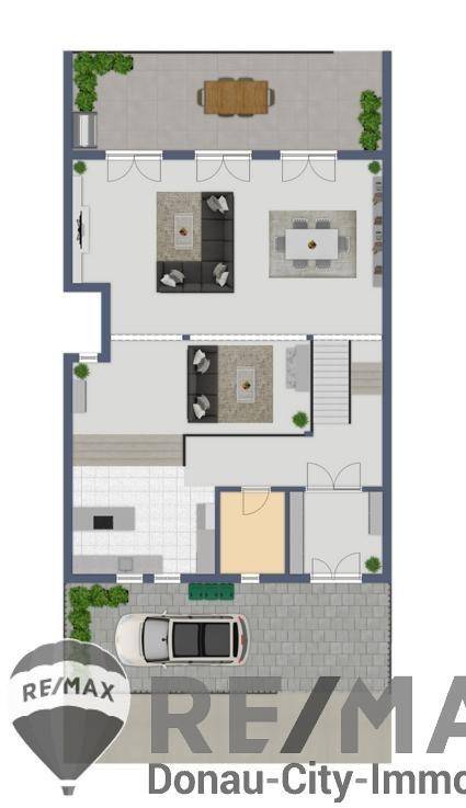 Grundriss des Erdgeschosses mit offenem Wohnbereich, Küche und Terrasse, inklusive Parkplatz.