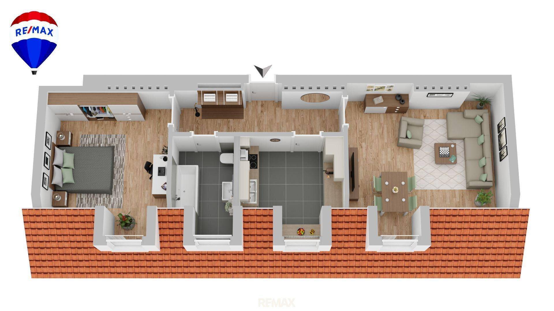 Detaillierter 3D-Grundriss der Wohnung mit Schlafzimmer, Bad und offenem Wohnbereich.