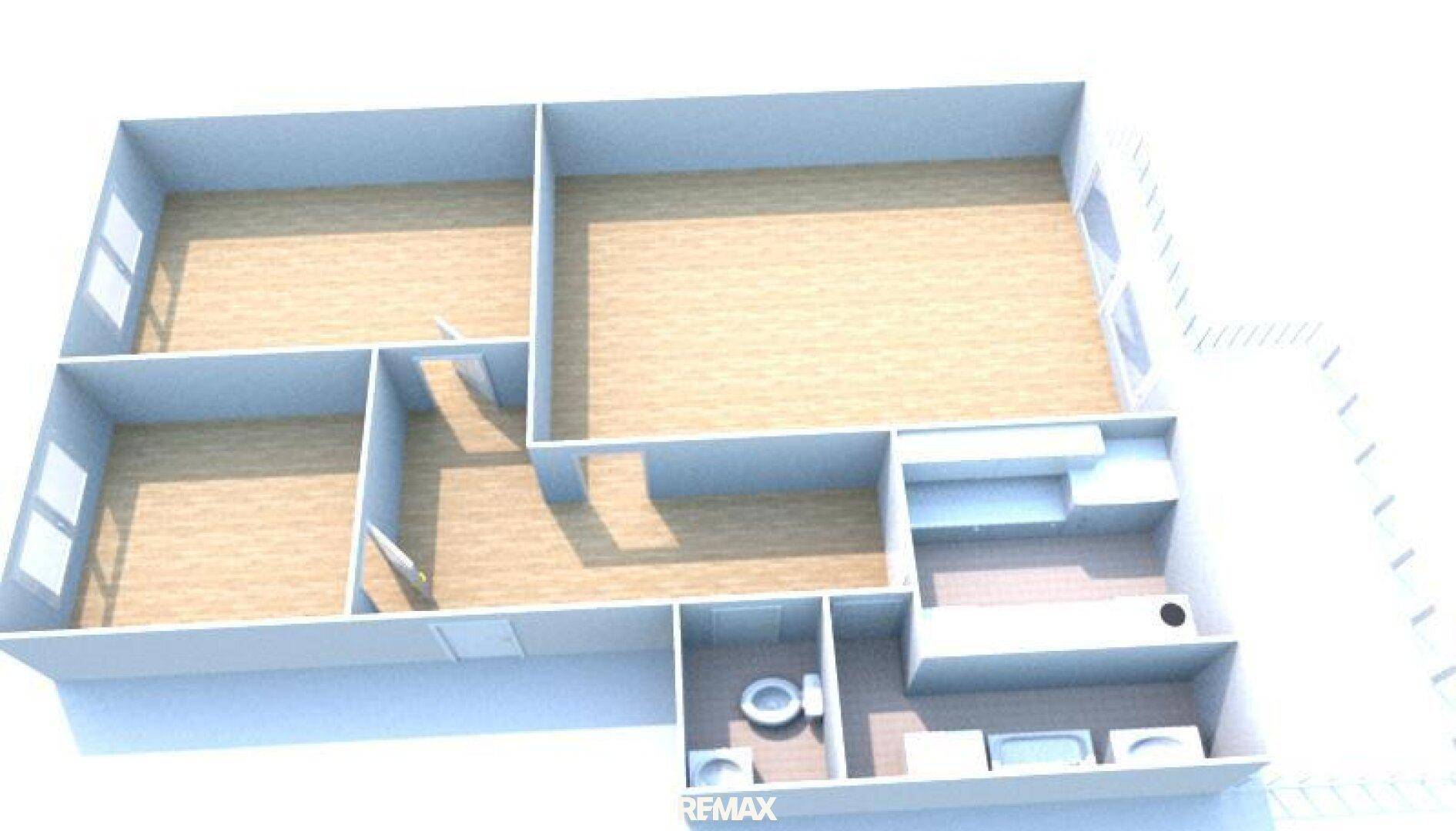 3D-Grundrissvisualisierung einer Wohnung mit mehreren Zimmern und einem Balkon.