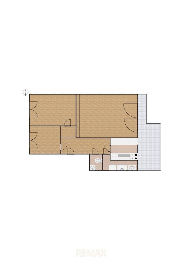 Klassischer 2D-Grundriss einer Wohnung mit Raumaufteilung und Sanitäranlagen.