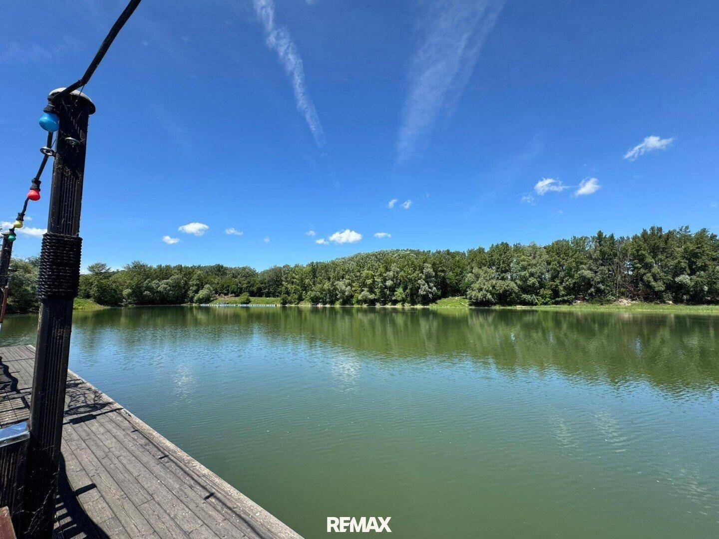 Weitläufiger Blick über den See mit bewaldeten Ufern, aufgenommen von einem Holzsteg unter blauem Himmel.