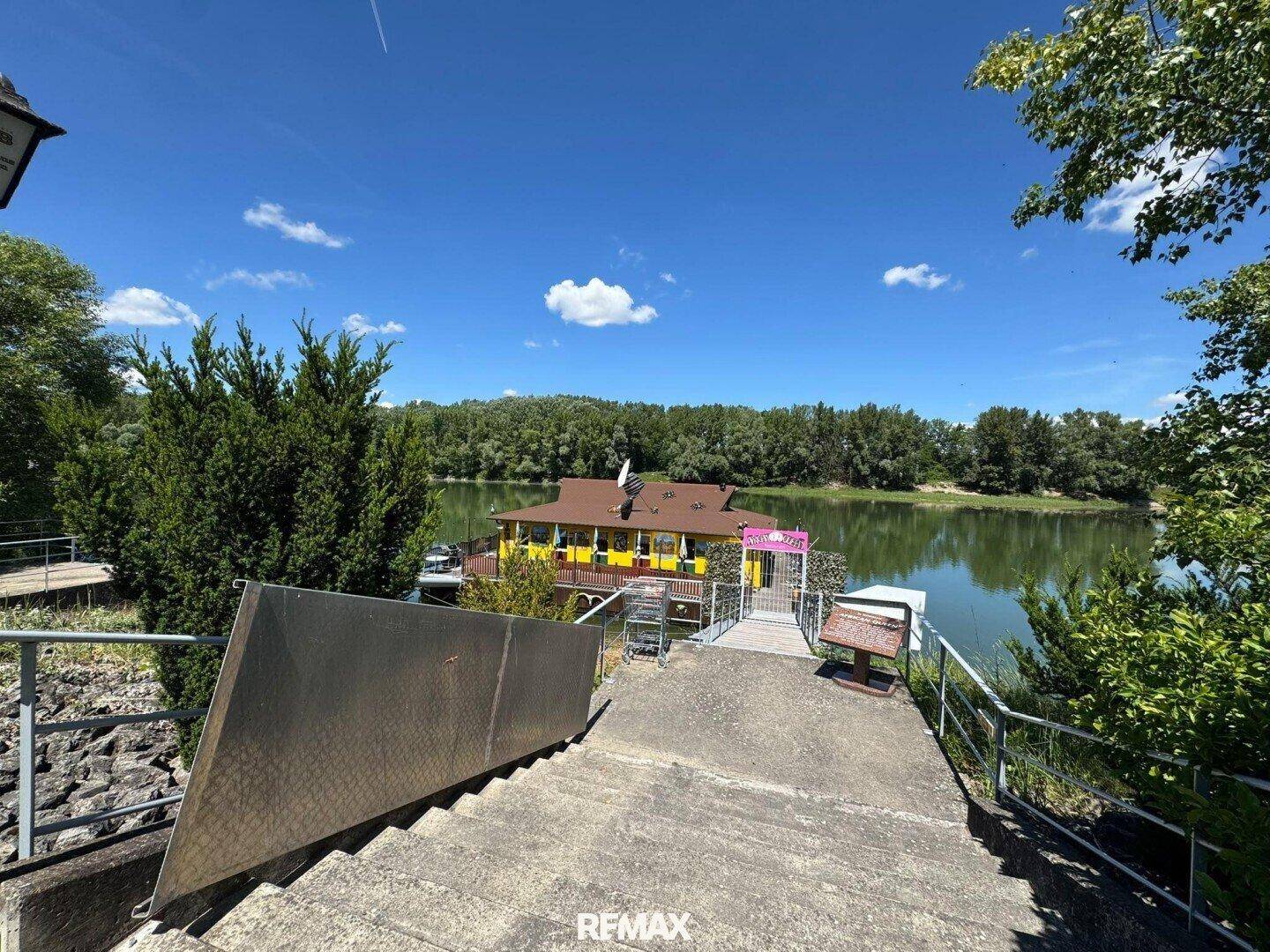 Betontreppe führt hinunter zum schwimmenden Gebäude am Seeufer, umgeben von Bäumen und Sträuchern.