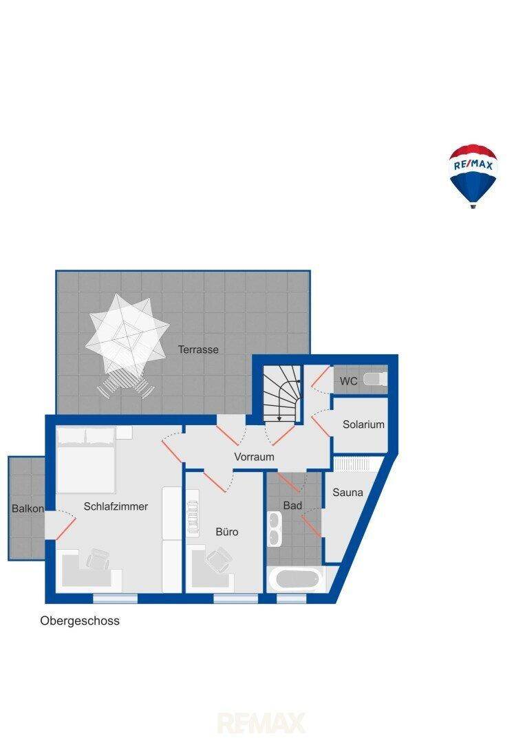 Grundriss des Obergeschosses mit Schlafzimmer, Büro, Bad, WC, Sauna und Terrasse.
