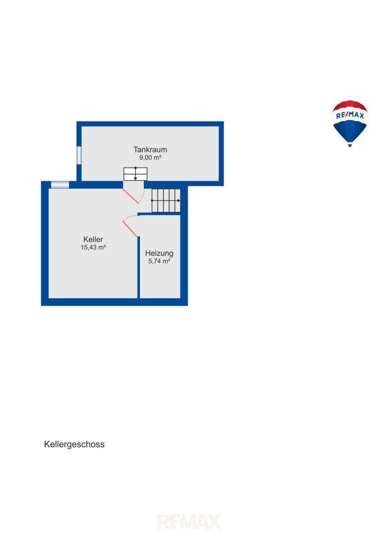 Grundriss des Kellergeschosses mit Kellerraum, Heizung und Tankraum.