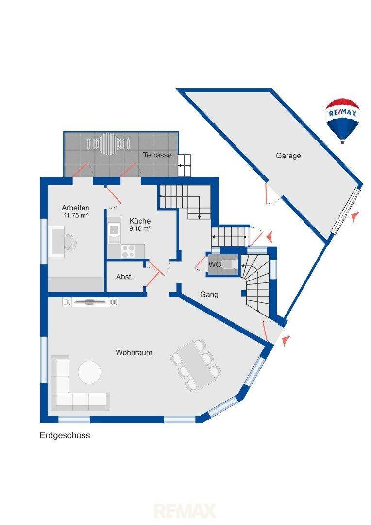 Grundriss des Erdgeschosses mit Wohnraum, Küche, Arbeitszimmer, WC, Gang und Garage.