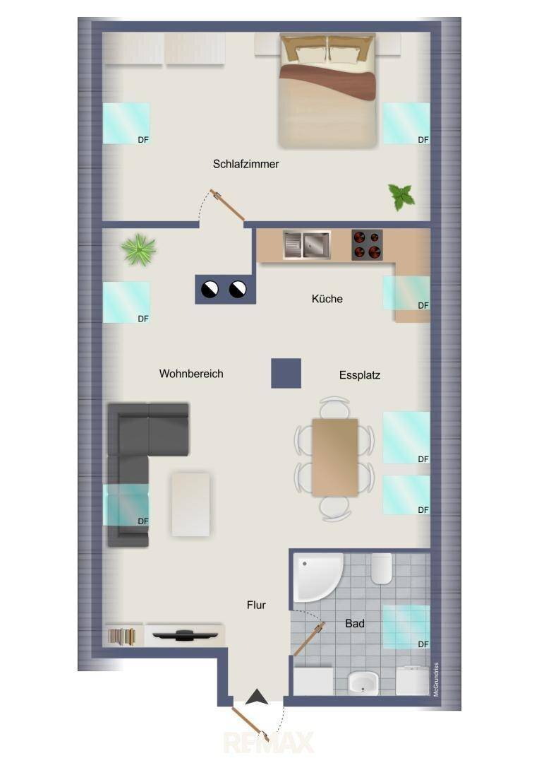 Detaillierter Grundriss einer Wohnung mit Schlafzimmer, Wohnbereich, Küche und Bad.