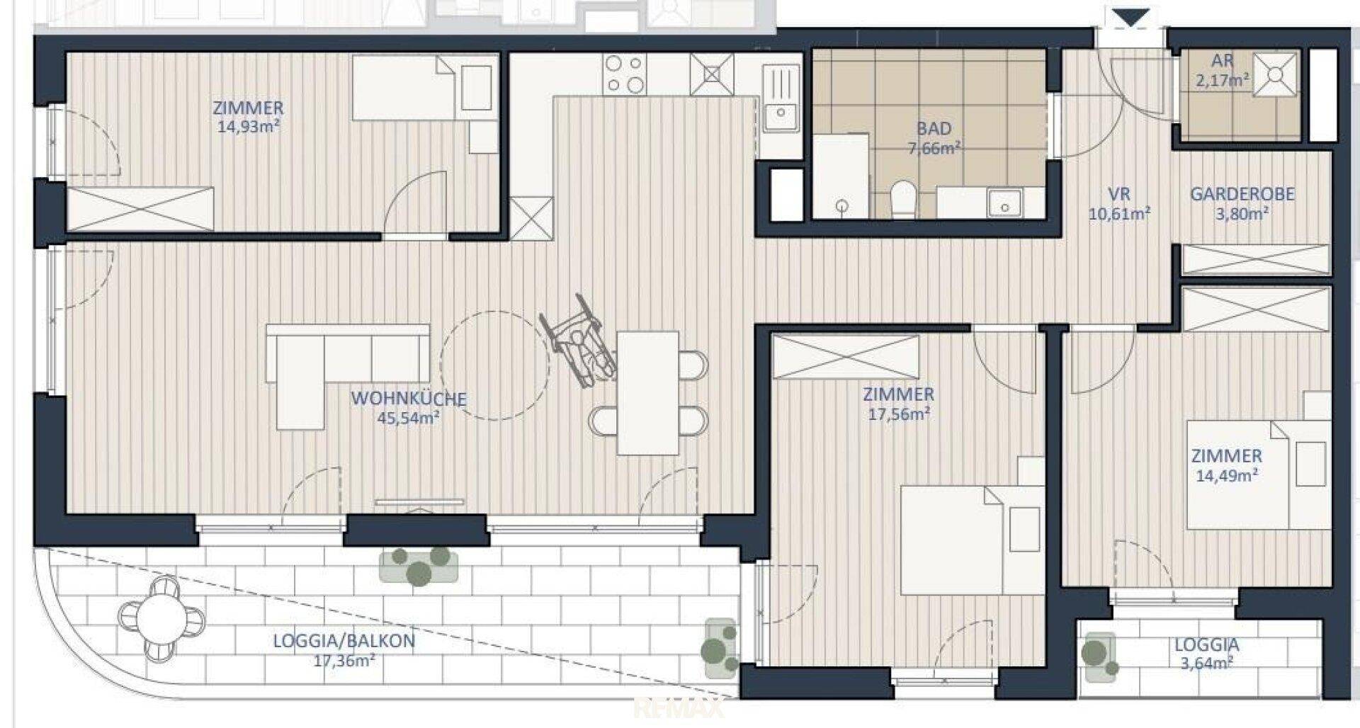 Detaillierter Grundriss einer Wohnung mit offener Wohnküche, mehreren Zimmern und Loggia.