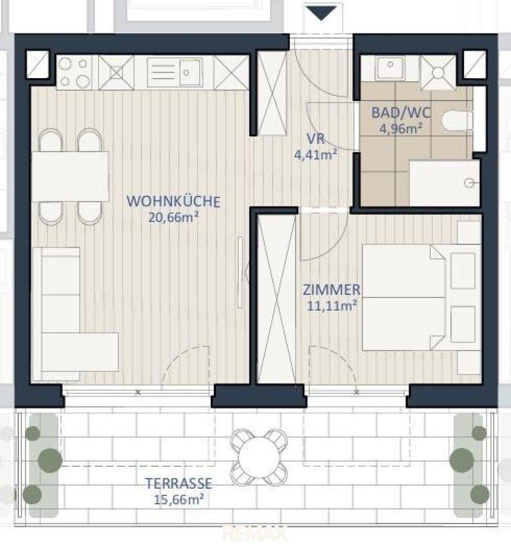 Detaillierter Grundriss einer Wohnung mit offener Wohnküche, Schlafzimmer und großer Terrasse.