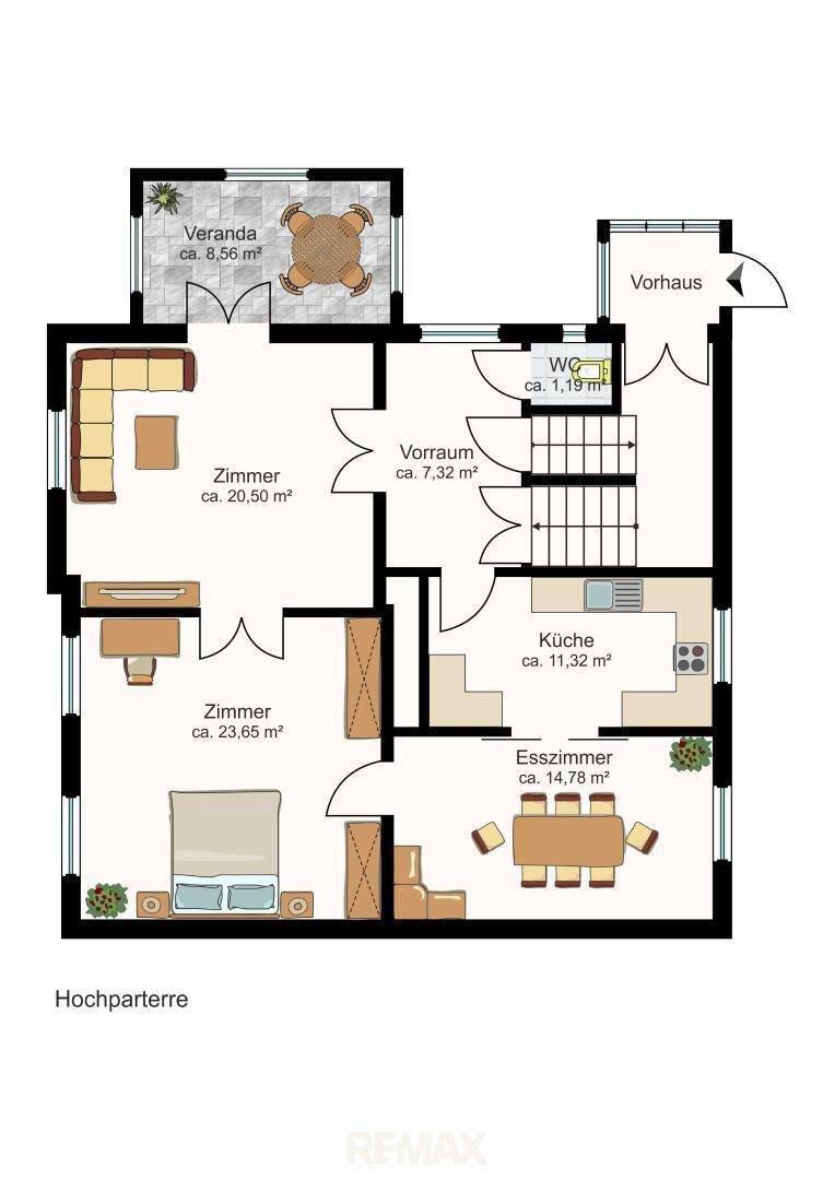 Grundriss des Hochparterres mit mehreren Zimmern, Küche, Esszimmer, WC und einer Veranda.