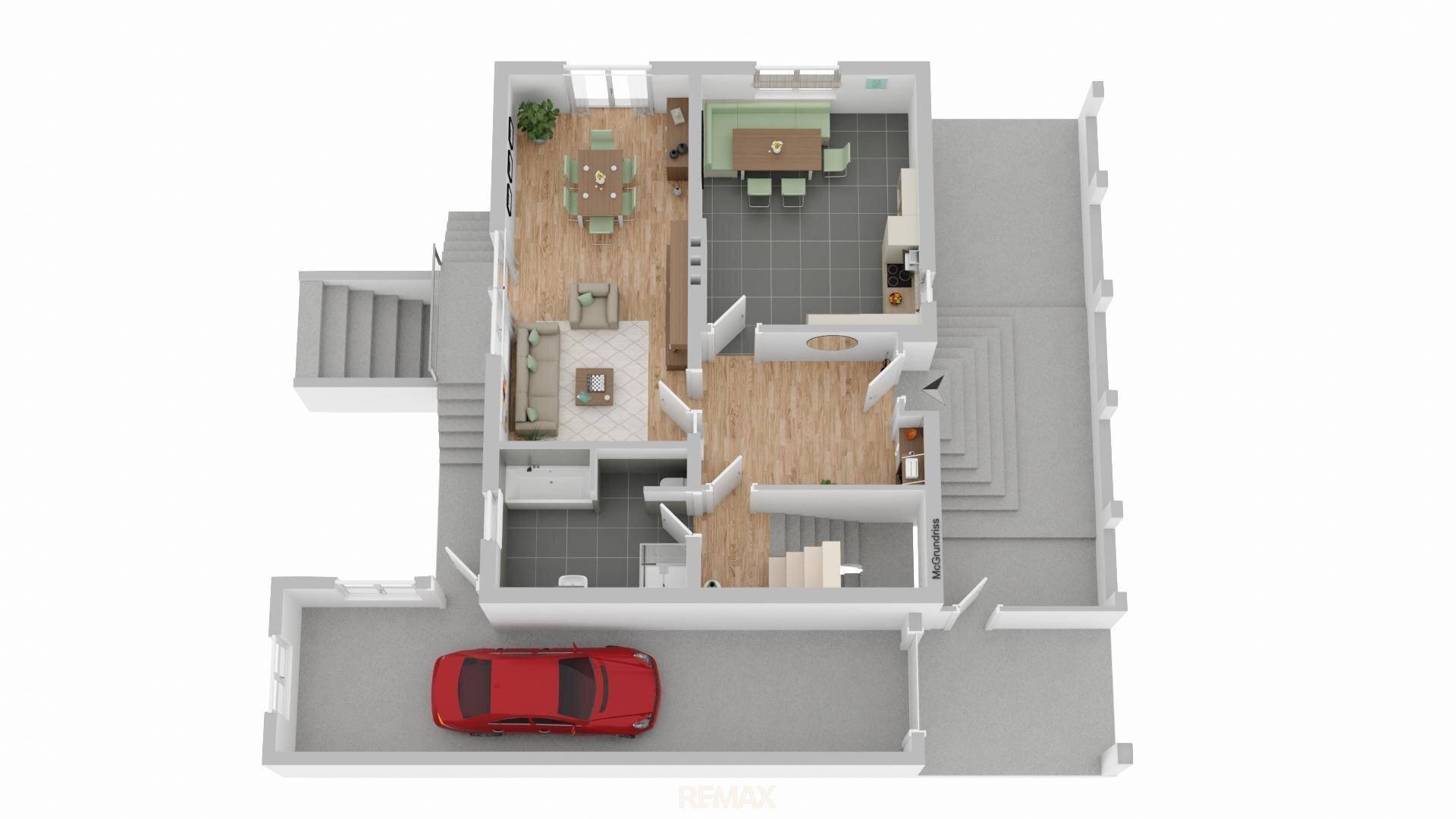 Dreidimensionaler Grundriss des Erdgeschosses mit Wohnbereich, Küche und Garage.
