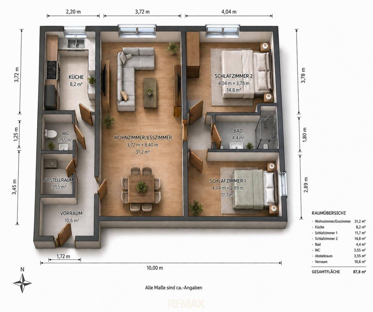 Detaillierter Grundriss einer Wohnung mit Wohn-/Esszimmer, zwei Schlafzimmern und Abstellraum.
