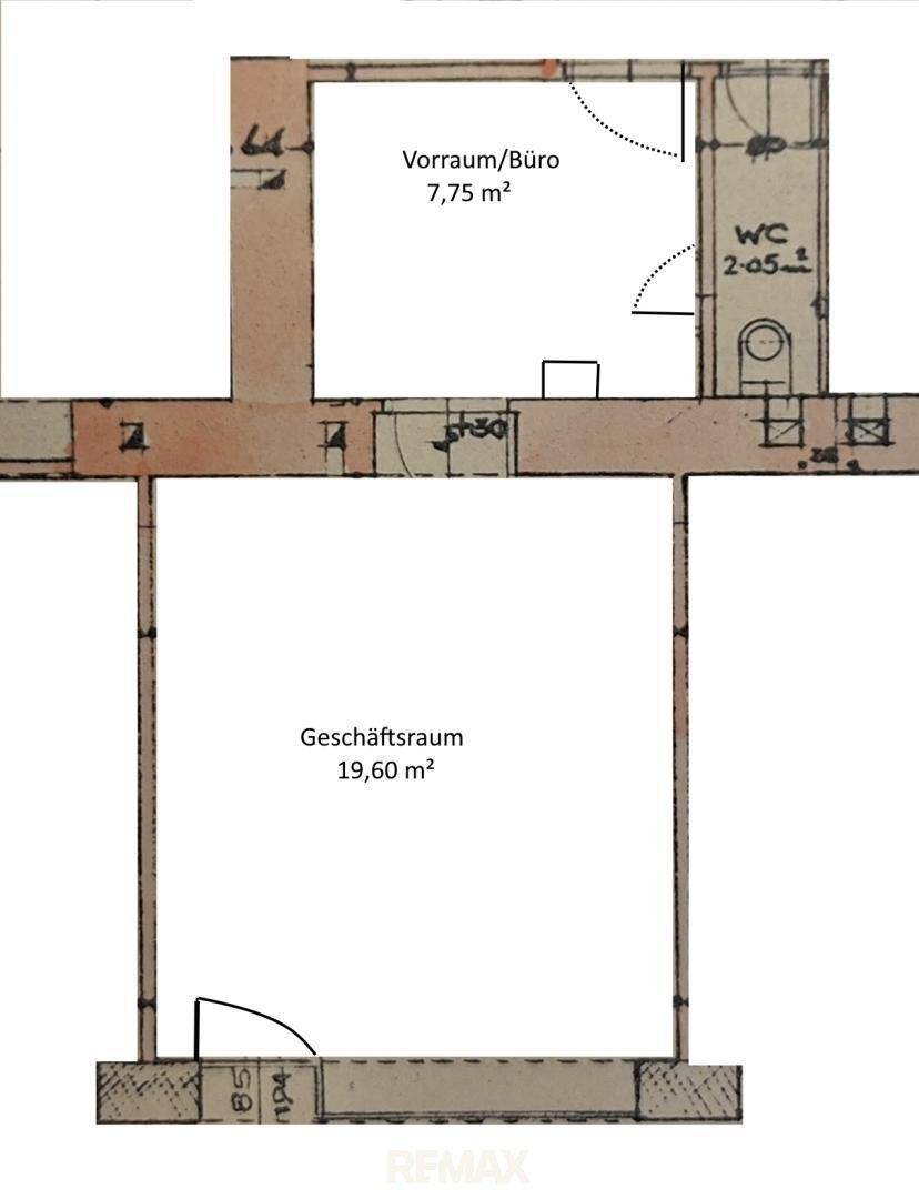 Grundriss eines Geschäftsraums mit Vorraum/Büro und separatem WC.