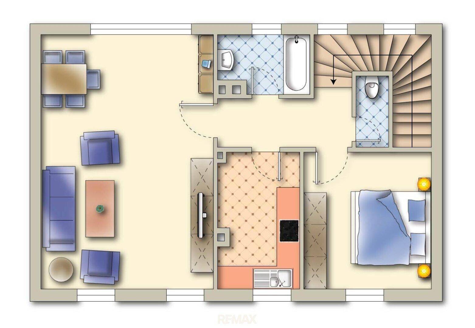 Grundriss des Obergeschosses mit Schlafzimmer, Bad und Treppenaufgang, gut aufgeteilt.