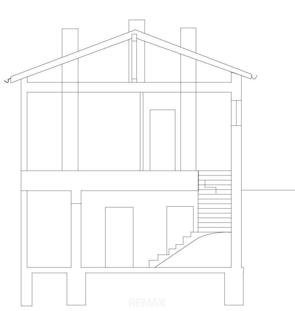 Architektonischer Schnitt des Hauses zeigt die Stockwerke und Dachkonstruktion.