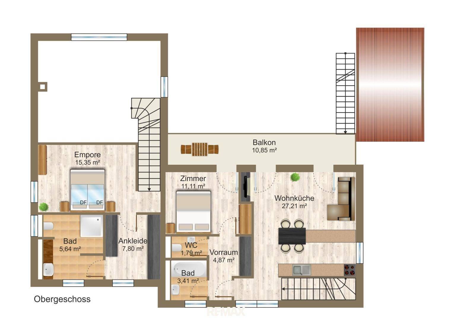 Grundriss des Obergeschosses mit Empore, Schlafzimmern und Balkon.