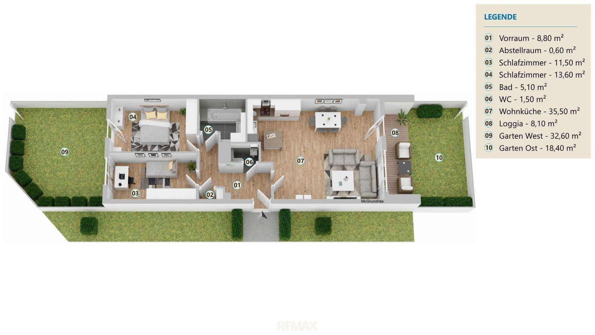 Detaillierter Grundriss der Wohnung mit Aufteilung in Wohnbereiche, Schlafzimmer und Außenflächen.