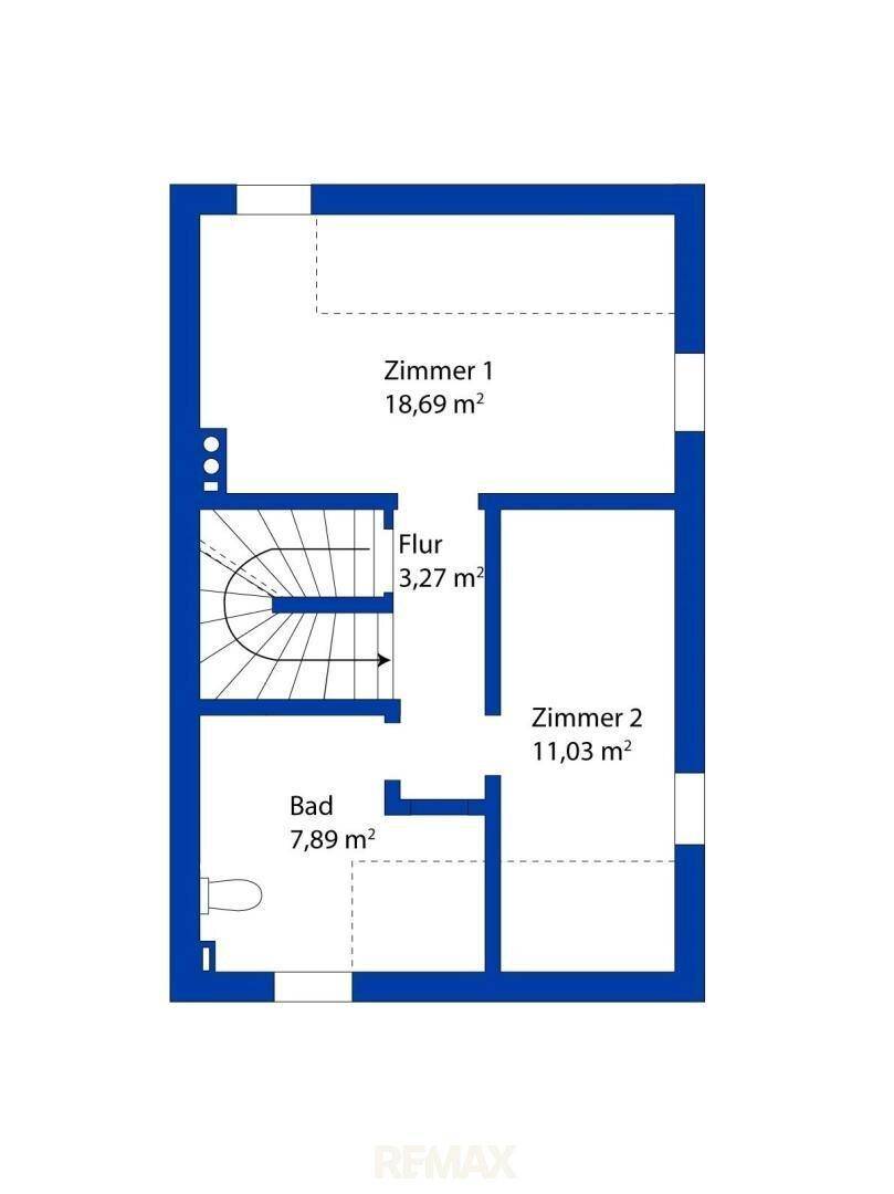 Grundriss des Obergeschosses mit zwei Zimmern, Flur und Badezimmer.