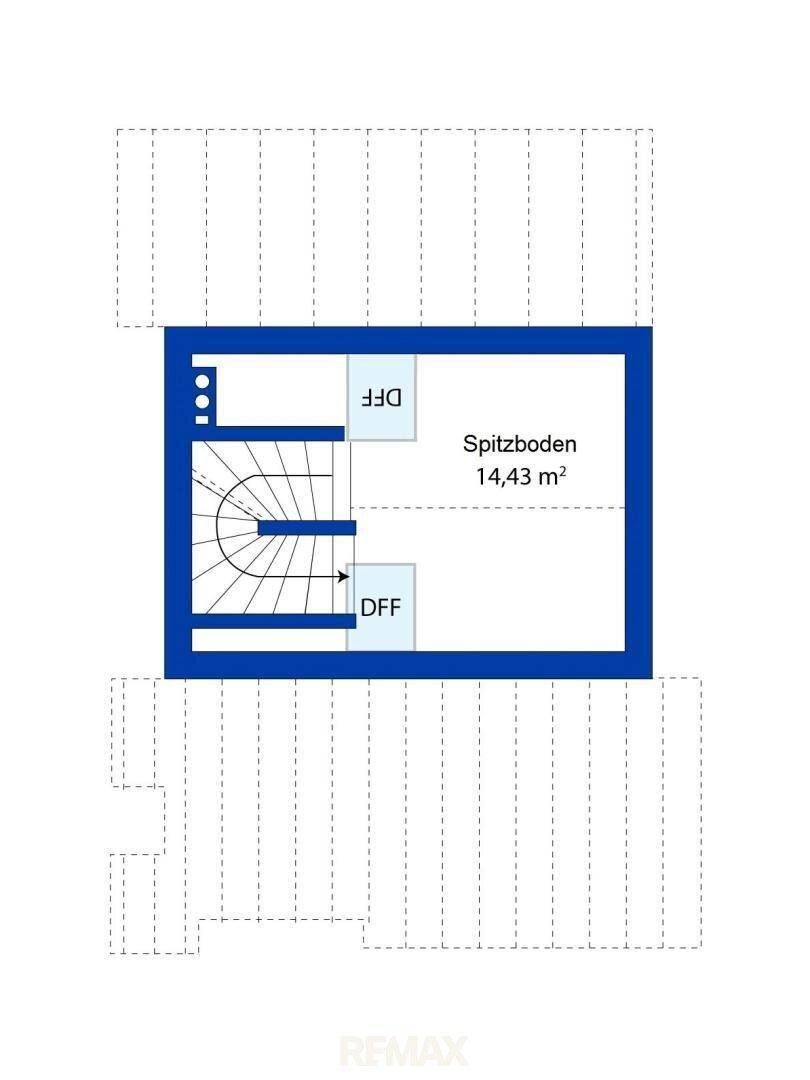 Grundriss des Spitzbodens mit Dachschrägen, Dachflächenfenstern und Treppenzugang.