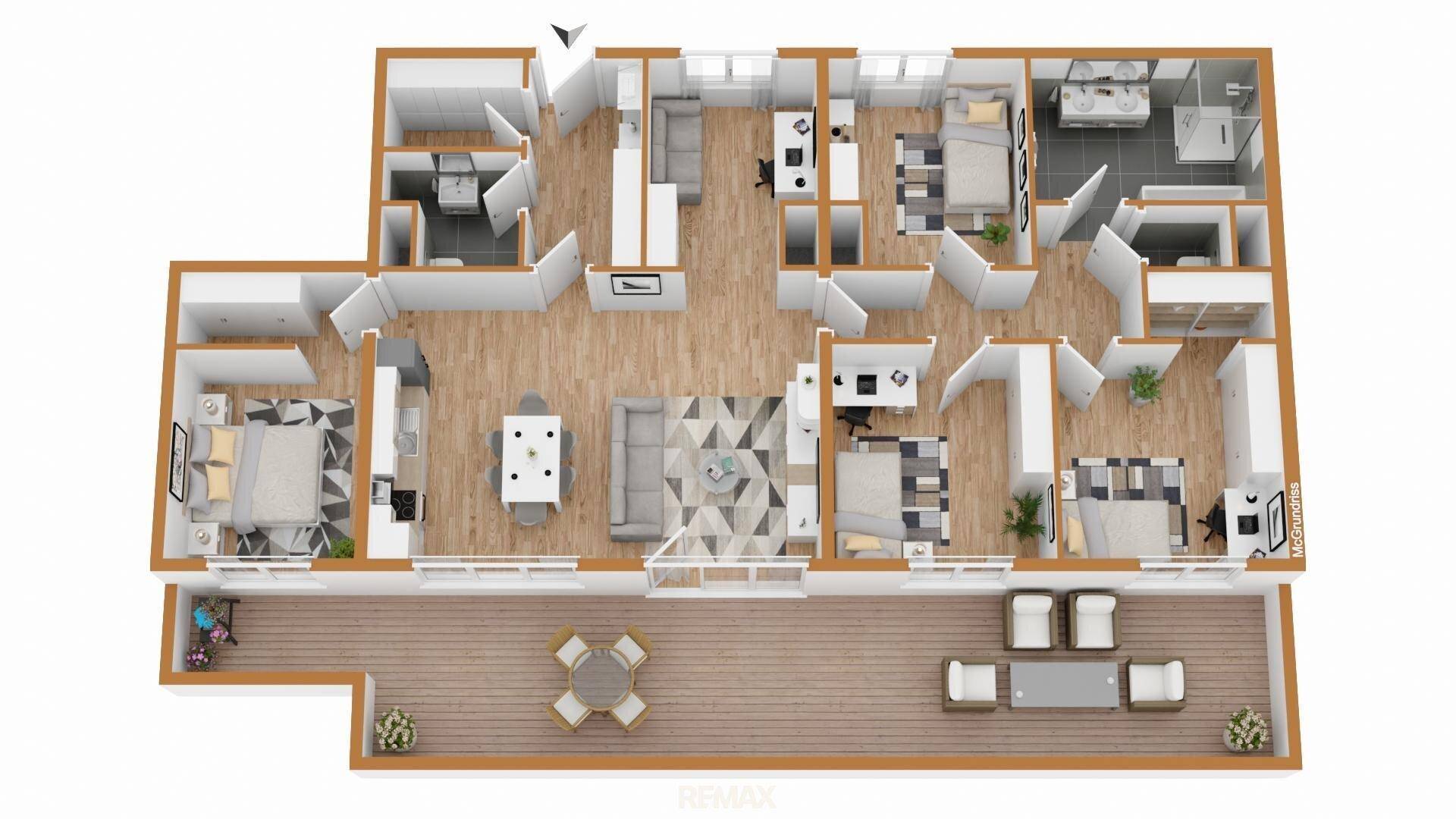 Detaillierter 3D-Grundriss einer Wohnung mit mehreren Zimmern und großer Terrasse.