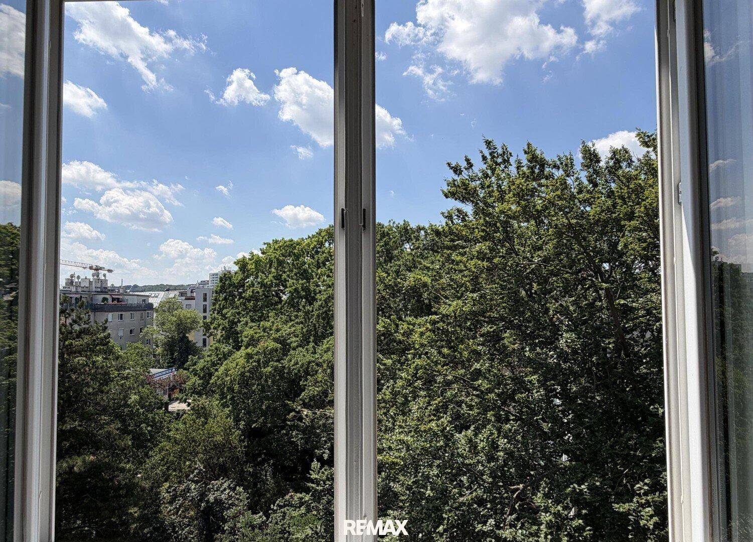 Weitblick aus dem Fenster mit viel Grün und blauem Himmel an einem sonnigen Tag.