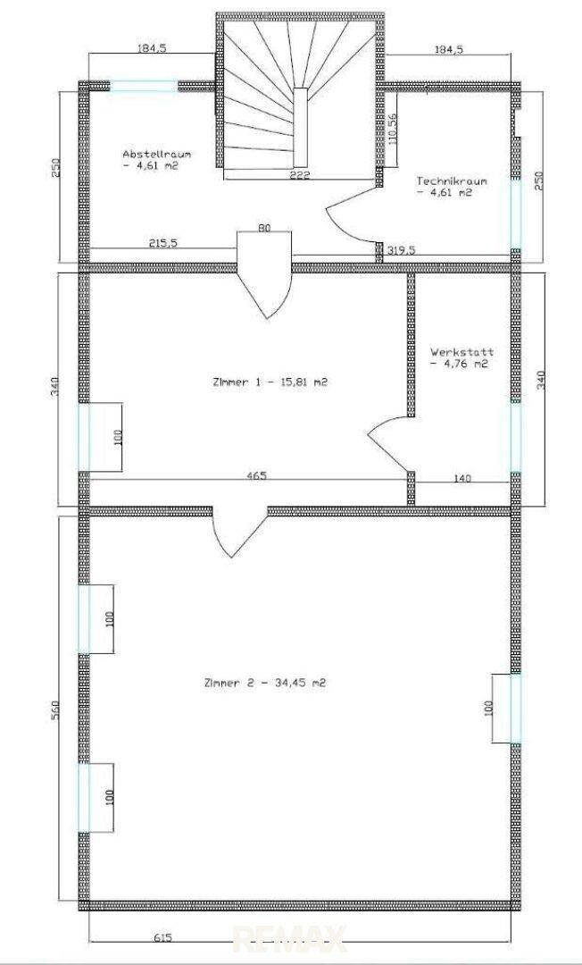 Detaillierter Grundriss mit Abstellraum, Technikraum, Werkstatt und zwei Zimmern.