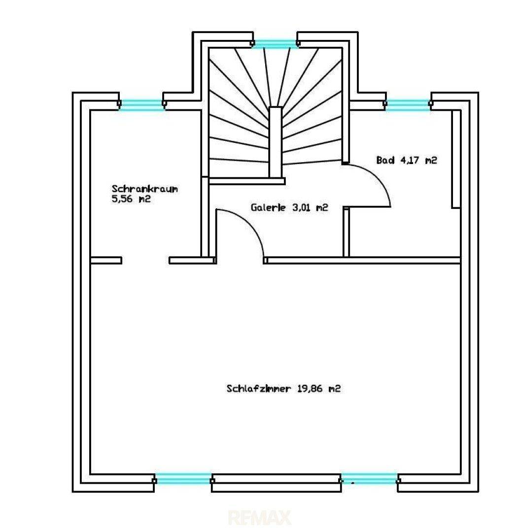 Grundriss des Obergeschosses mit Schlafzimmer, Bad und Schrankraum.