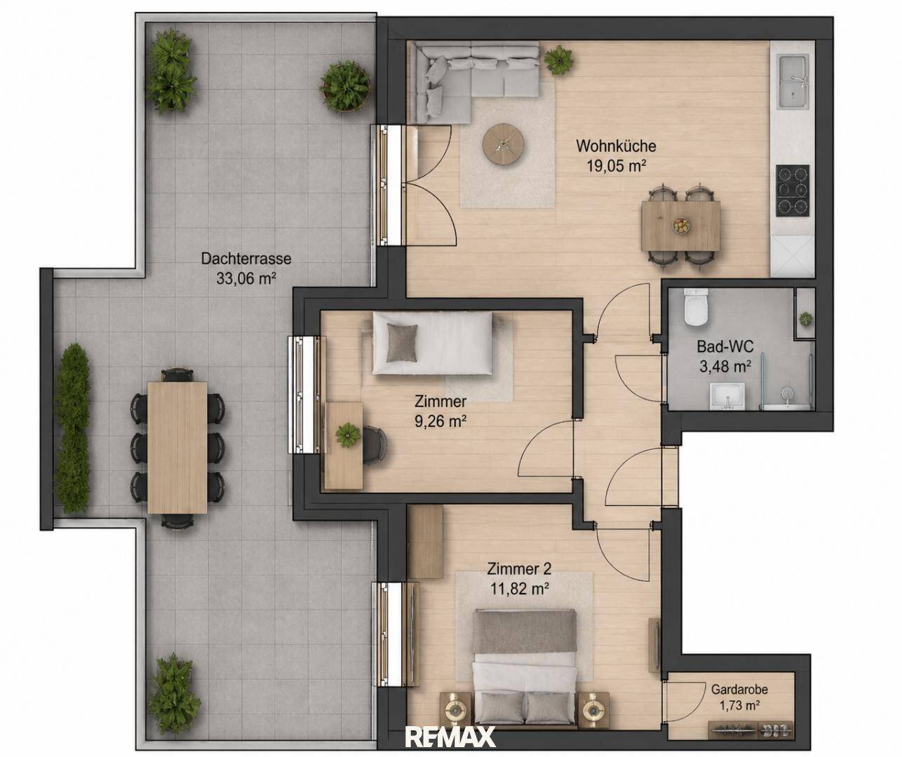 Detaillierter Grundriss einer Wohnung mit zwei Zimmern, Wohnküche und großer Dachterrasse.