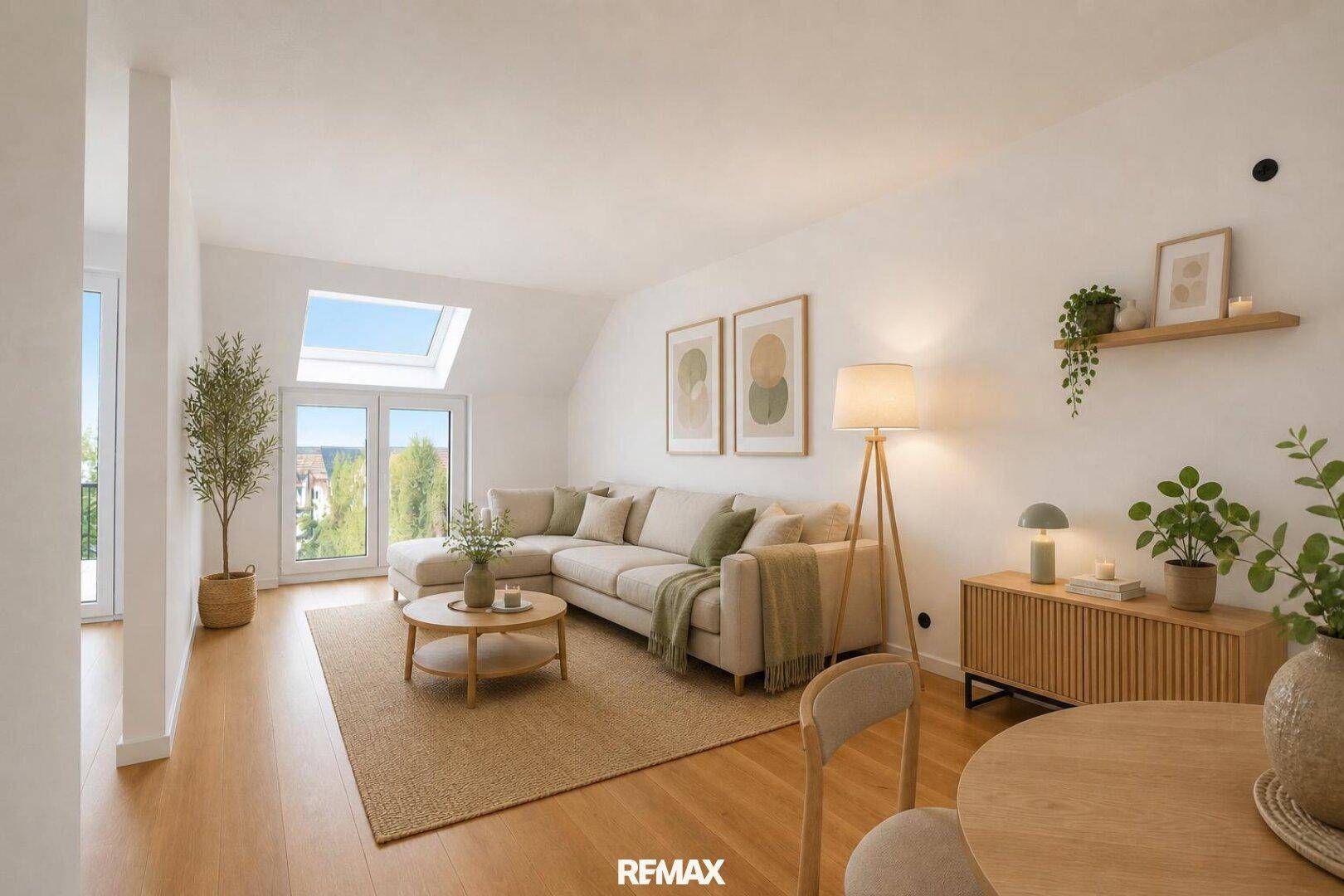 Helles Wohnzimmer mit gemütlichem Ecksofa, Holzboden und großen Fenstern für viel Tageslicht.