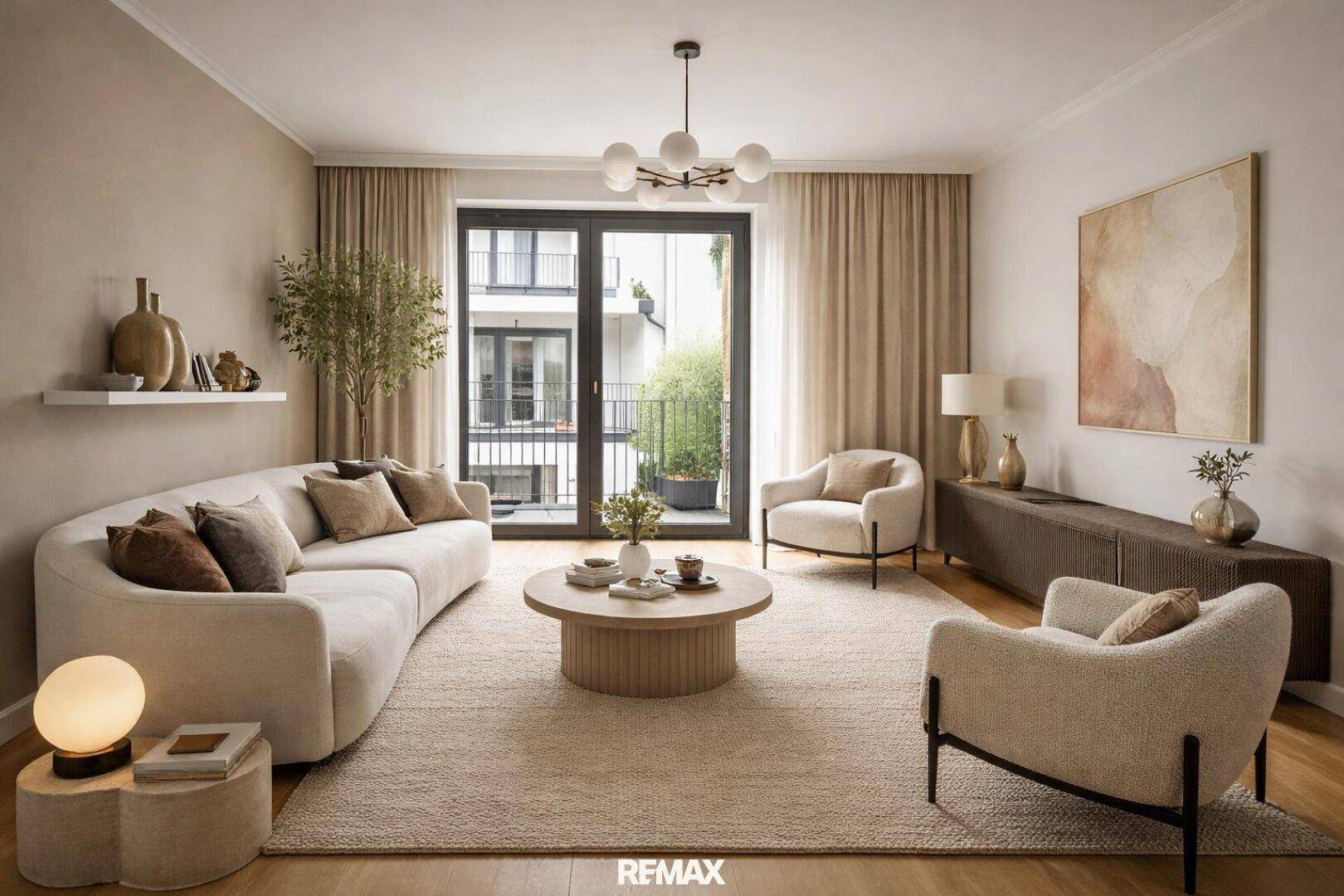 Elegantes Wohnzimmer mit beigem Sofa, Teppichboden und Zugang zu einem französischen Balkon.