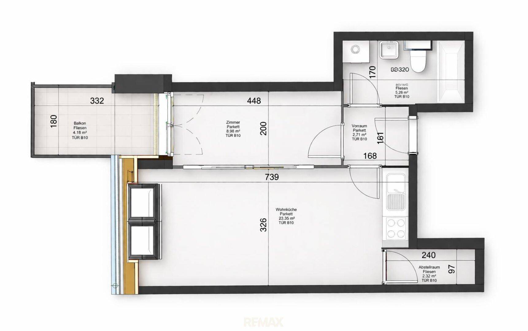 Detaillierter Grundriss einer Wohnung mit Balkon, Bad und offener Wohnküche.