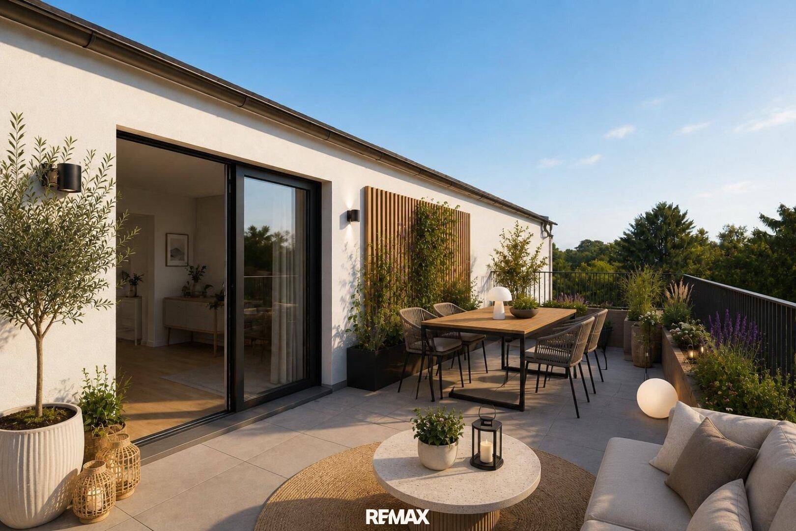 Geräumige Dachterrasse mit modernen Gartenmöbeln, Pflanzen und weitem Blick ins Grüne.