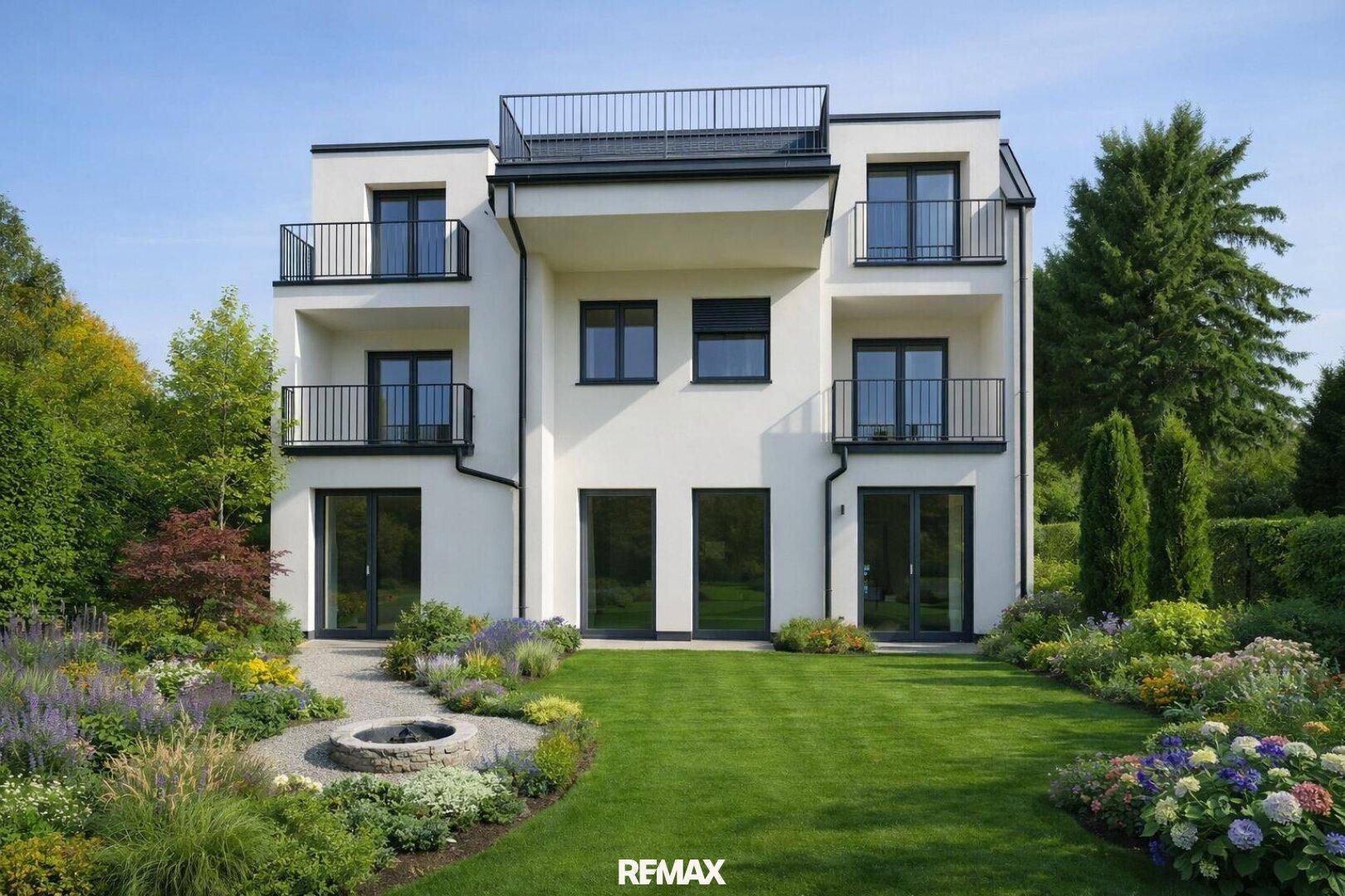 Moderne Wohnanlage mit gepflegtem Garten, Rasenfläche und dekorativen Pflanzen.