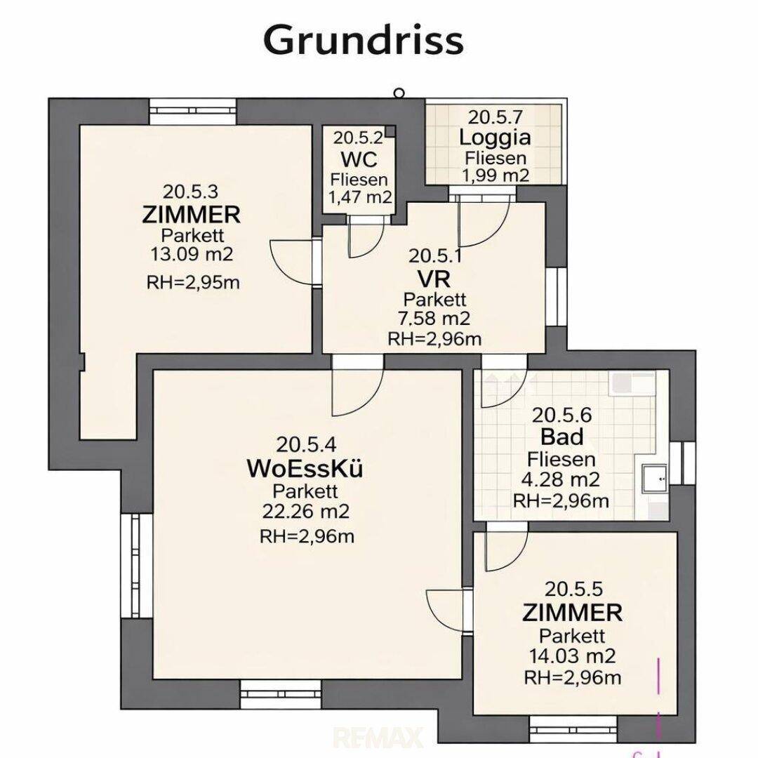 Detaillierter Grundriss einer Wohnung mit Wohn-Essküche, Zimmern, Bad und Loggia.