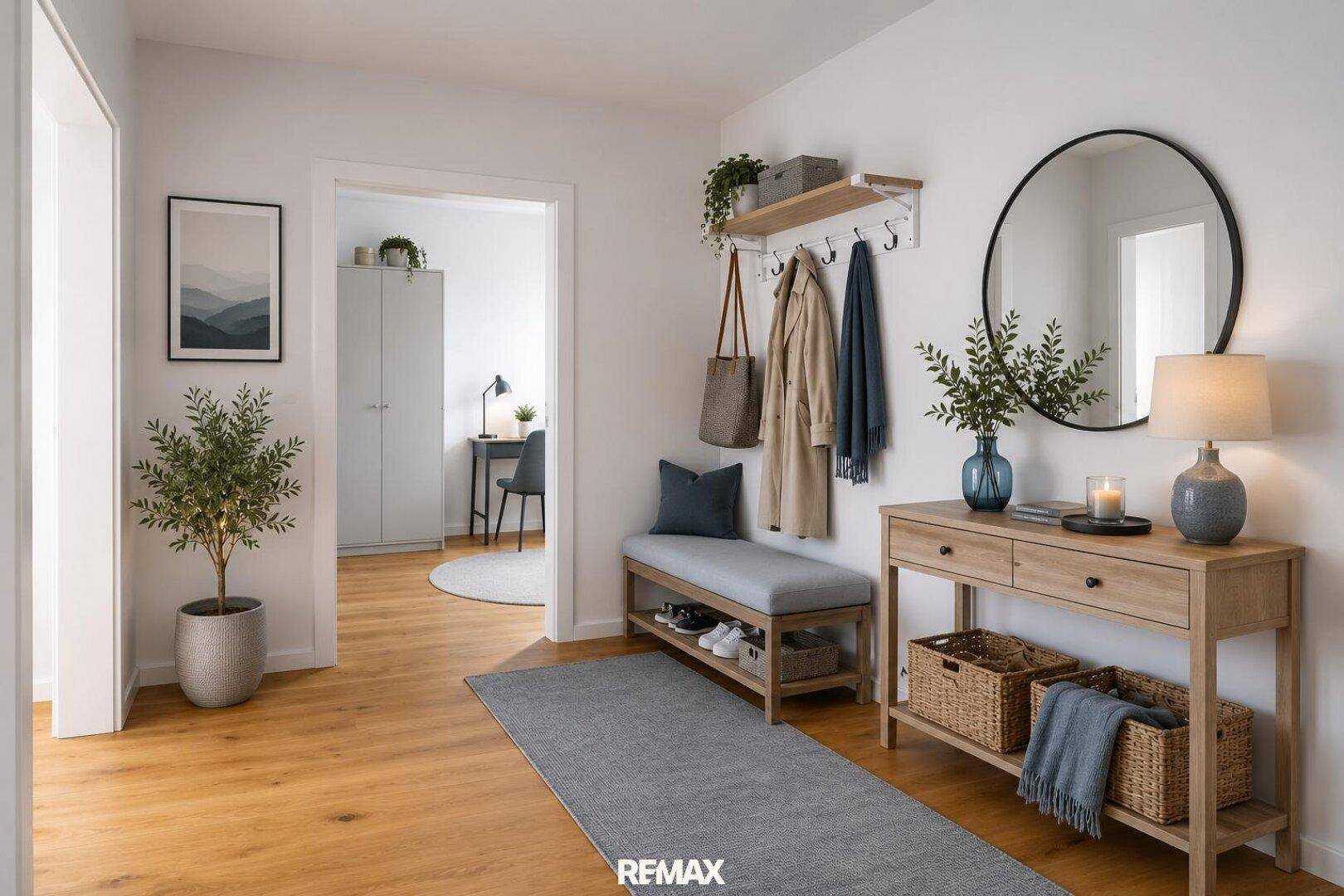 Freundlicher Eingangsbereich mit Garderobe, Spiegel und Holzboden, der zu weiteren Räumen führt.