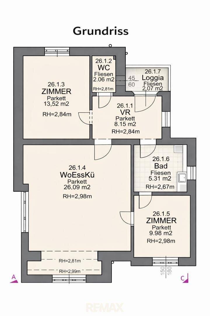 Detaillierter Grundriss einer Wohnung mit Wohn-Essküche, zwei Zimmern, Bad und Loggia.