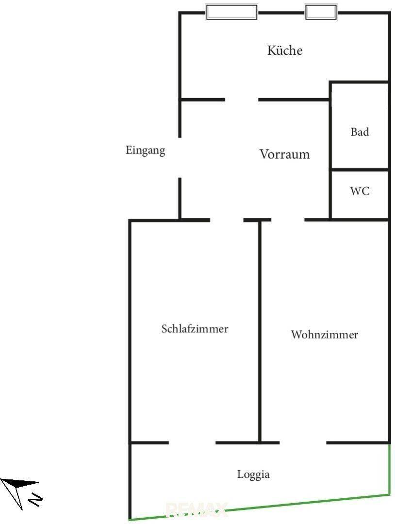Grundriss der Wohnung mit Küche, Bad, WC, Schlafzimmer, Wohnzimmer und Loggia.