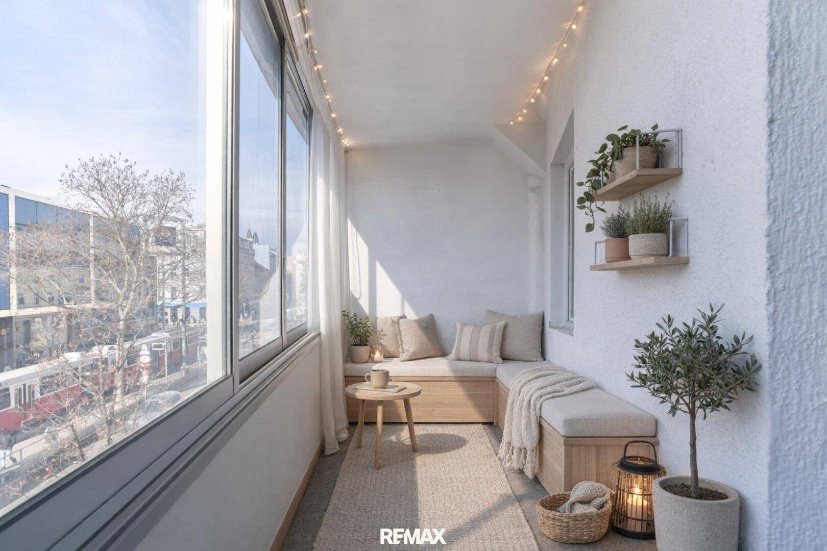 Gemütlicher verglaster Balkon mit Sitzgelegenheiten, Pflanzen und einem weiten Stadtblick.
