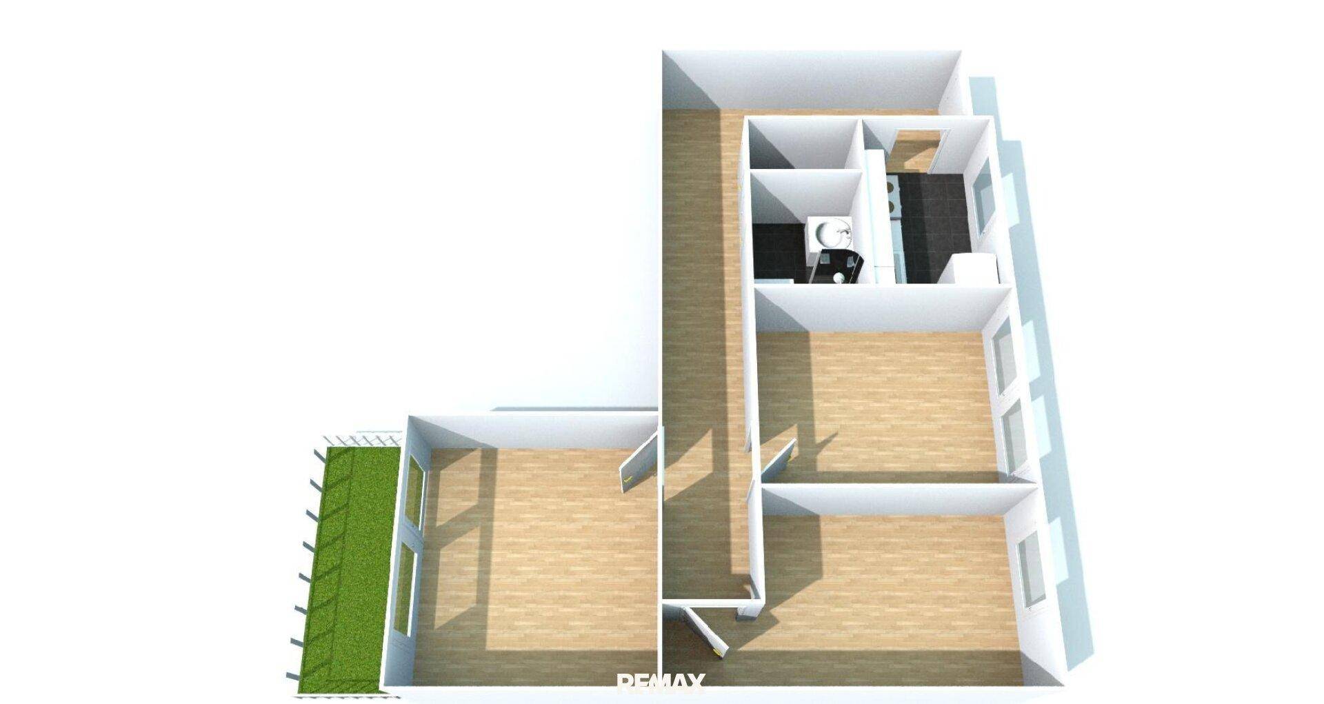 Dreidimensionaler Grundriss der Wohnung mit Balkon und offener Raumaufteilung.