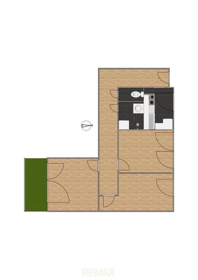Zweidimensionaler Grundriss der Wohnung mit Balkon und klarer Raumaufteilung.