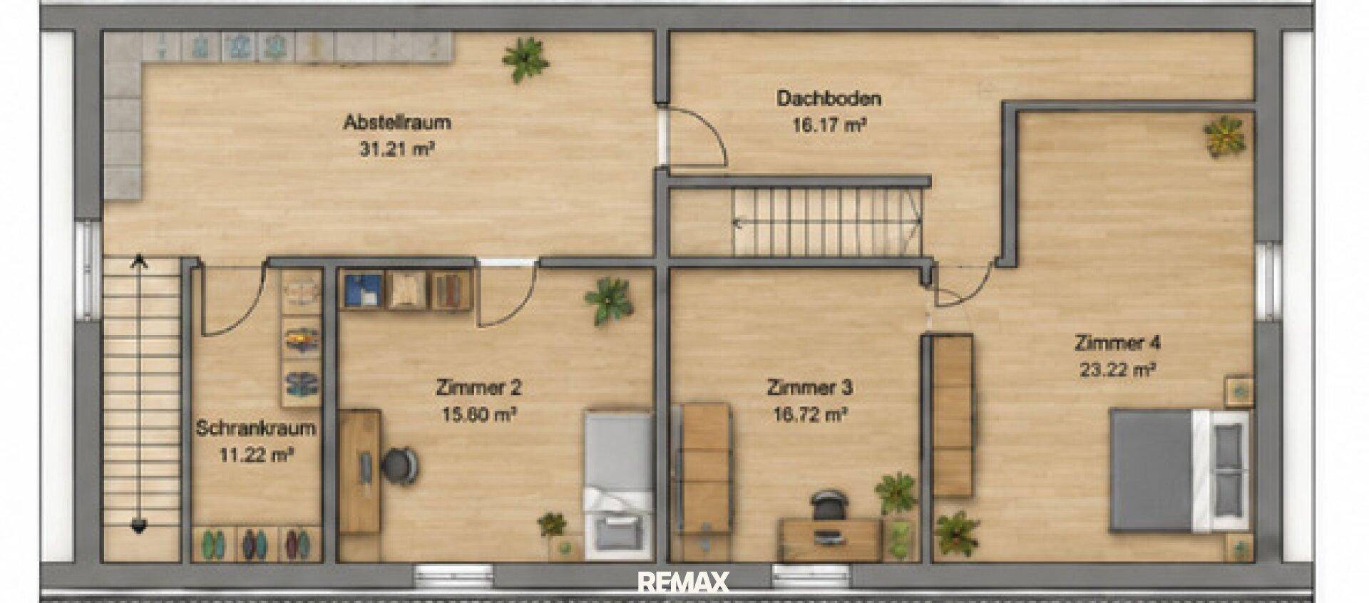 Farbiger Grundriss des Obergeschosses mit Schlafzimmern, Abstellraum und Dachschrägen.