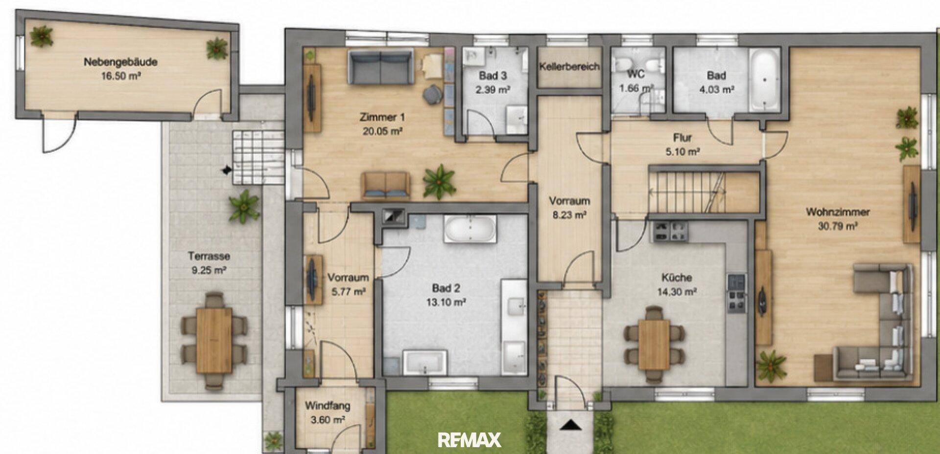 Farbiger Grundriss des Erdgeschosses mit Wohnzimmer, Küche, Bädern und Terrasse.