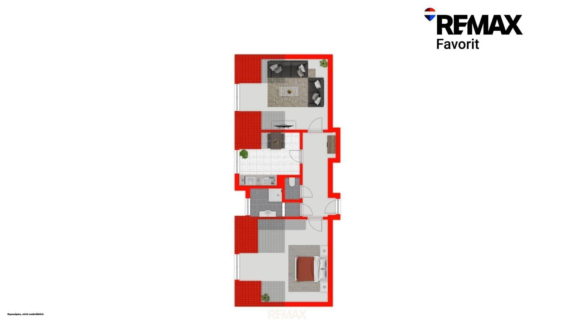 Detaillierter Grundriss einer Wohnung mit mehreren Zimmern und Balkonen.