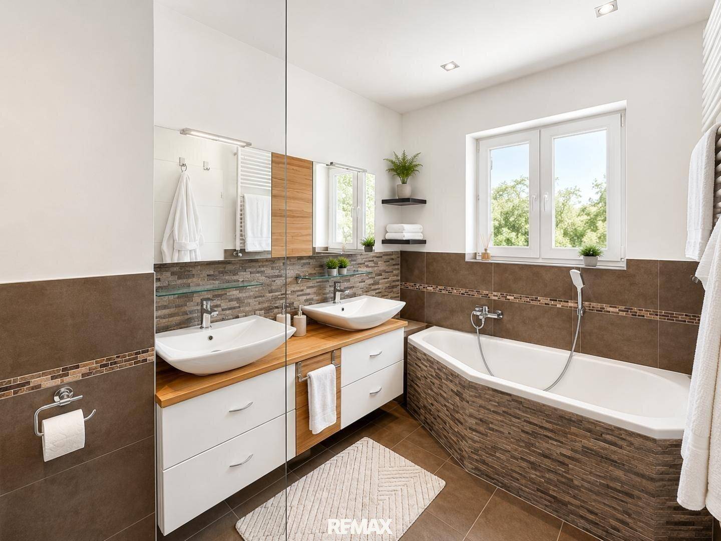 Modernes Badezimmer mit Doppelwaschbecken, Badewanne und Fenster für Tageslicht.