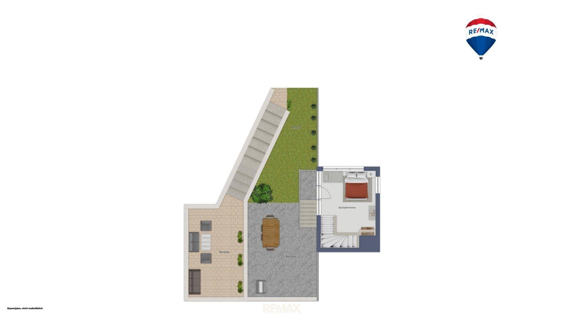 Grundriss des Außenbereichs mit Terrasse, Garten und Zugang zu einem Schlafzimmer.